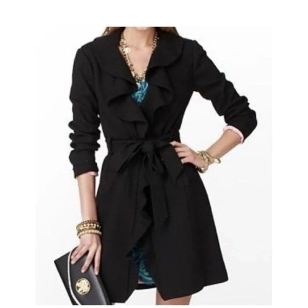 Lilly Pulitzer Black Ruffle Front Wrap Coat Pink Lining XS 39862